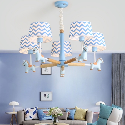 Blue Zig Zag Fabric Shade Chandelier with Cartoon Horse 5 Lights Hanging Lamp for Nursing Room