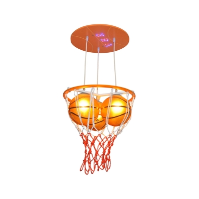 Glass Basketball Hanging Light Boys Room Height Adjustable 3 Heads Pendant Light in Blue/Orange