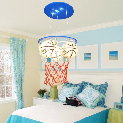 Glass Basketball Hanging Light Boys Room Height Adjustable 3 Heads Pendant Light in Blue/Orange