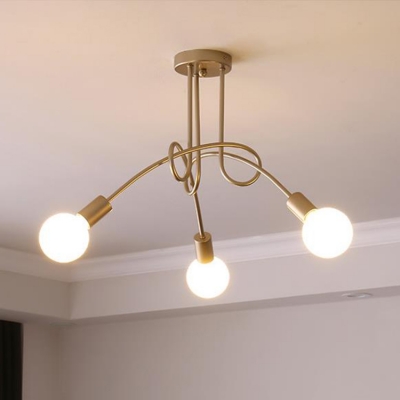 Gold Bare Bulb Lighting Fixture with Twisted Arm Modern Chic Metal Triple Heads Semi Flush