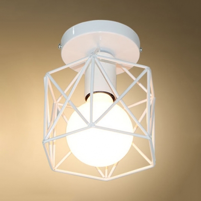 Metal Cage Ceiling Fixture with White Hexagon Shade Modern Chic 1 Bulb Mini Surface Mount Light