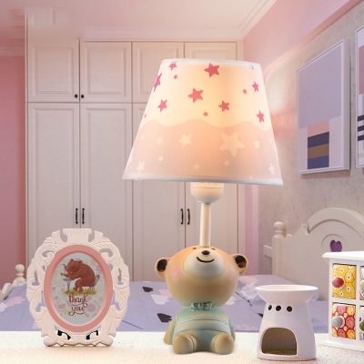 Pink Fabric Shade Table Lamp with Cute Bear Decoration Single Head Standing Desk Light for Girls Room