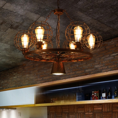 Rust Finish Metal Cage Chandelier Retro Style 6 Heads Suspended Light for Coffee Shop