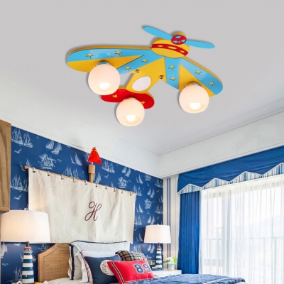 3/4 Heads Aircraft Flush Light Boys Bedroom Glass Shade Ceiling Lamp in Chrome