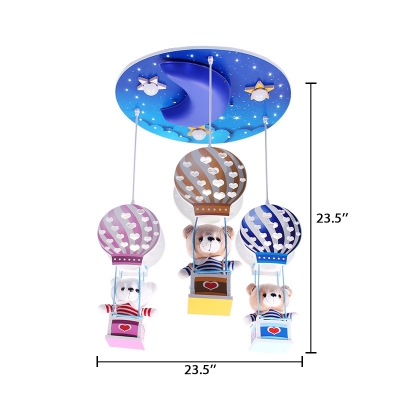 3 Lights Bear Drop Light with Hot Air Balloon Kindergarten Wooden Pendant Lamp in Multi Color