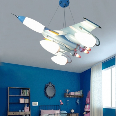 7 Lights Airplane Chandelier Light Boys Bedroom Metal Suspension Light in Sky Blue