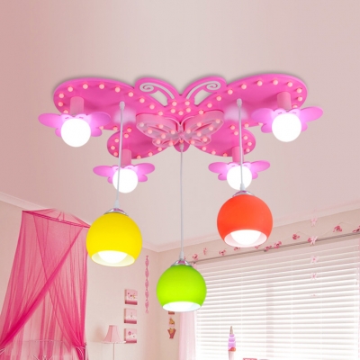 7 Lights Pink Butterfly Flush Mount Girls Bedroom Glass Shade Decorative Hanging Light