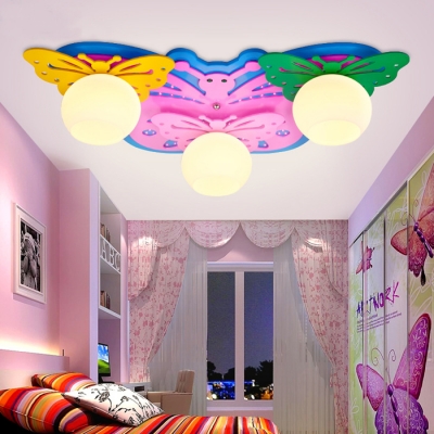 Butterfly 3 Lights Flush Light White Glass Shade Ceiling Lamp for Girls Bedroom