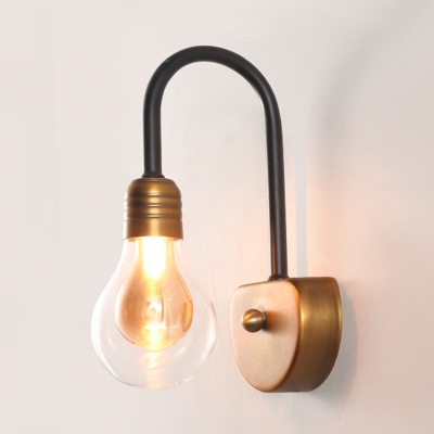 Curved Arm LED Wall Lighting with Bulb Shape Vintage Industrial Glass 1 Head Wall Lamp in Brass
