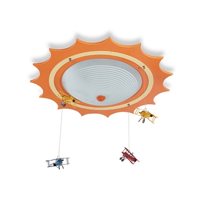 Orange Sun Shape Flush Mount with Airplane Ripple Glass Single Light Ceiling Fixture for Kids