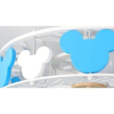 Round Ceiling Light with Cartoon Mouse Baby Kids Room Wood Semi Flush Mount in Blue