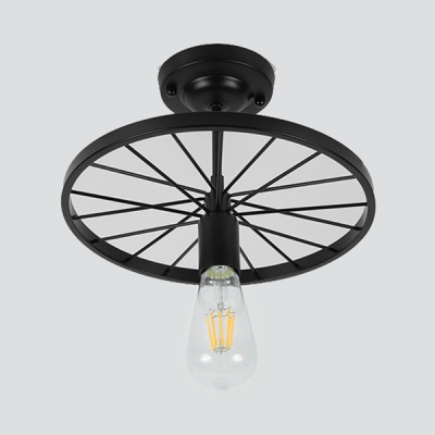Single Light Open Bulb Ceiling Lamp with Black Wheel Retro Style Metal Art Deco Ceiling Flush Mount