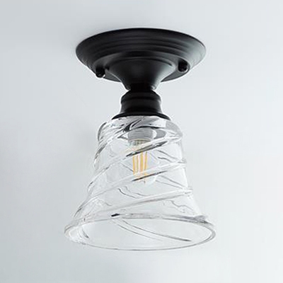 Textured Glass Tapered Semi Flush Light Vintage Industrial Single Light Mini Ceiling Fixture in Black