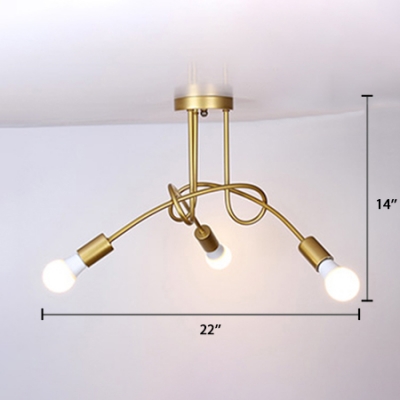 Triple Lights Twist Indoor Lighting Fixture Post Modern Wrought Iron Hanging Lamp in Gold