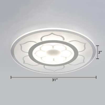 White Round Disc LED Ceiling Lamp with Flower Pattern Contemporary Acrylic Flush Mount