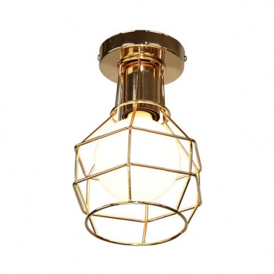 1 Light Bare Bulb Ceiling Fixture with Polished Gold/Chrome Metal Cage Industrial Semi Flush Mount
