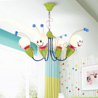 4/6 Heads Bee Shape Hanging Light with Milky Glass Shade Children Room Chandelier in Red