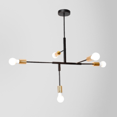 5 Heads Linear Suspended Light with Bare Bulb Modern Simple Metallic Chandelier in Brass