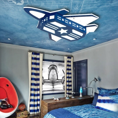 Airplane LED Flush Light Modernism Boys Bedroom Wooden Ceiling Fixture in Dark Blue