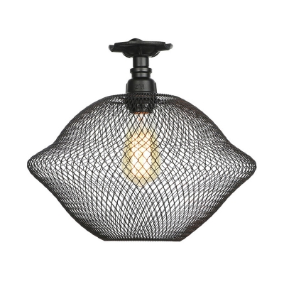 Black Mesh Cage Ceiling Flush Mount Vintage Metallic Single Head Semi Flush Mount for Coffee Shop