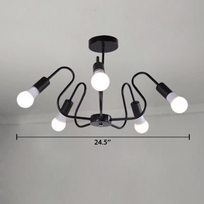 Black Open Bulb Chandelier Light with Curved Arm Post Modern Metallic 5 Lights Hanging Lamp