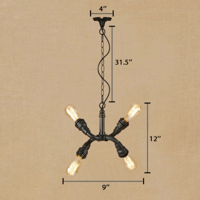 Black Pipe Suspension Light with Bare Bulb Retro Style Wrought Iron 4 Lights Chandelier Lamp