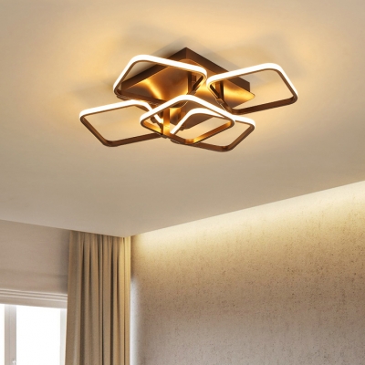 Brown 5 Square Ring Semi Flush Mount Light Contemporary Concise Aluminum LED Ceiling Lamp