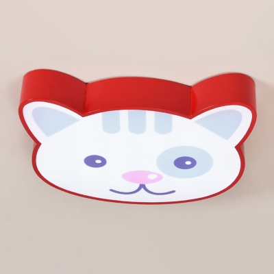 Cute Cat Pattern Ceiling Lamp Nursing Room Metallic LED Flush Light Fixture in Red