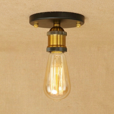 Mini Semi Flush Mount with Open Bulb Traditional Industrial Metal 1 Light Surface Mount Ceiling Light in Brass