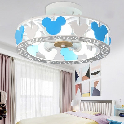 Round Ceiling Light with Cartoon Mouse Baby Kids Room Wood Semi Flush Mount in Blue