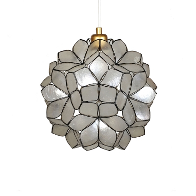 Sphere Shade Pendant Lamp with Flower Pattern Vintage Sea Shell 1 Head Hanging Light in Brass
