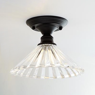 Textured Glass Tapered Semi Flush Light Vintage Industrial Single Light Mini Ceiling Fixture in Black