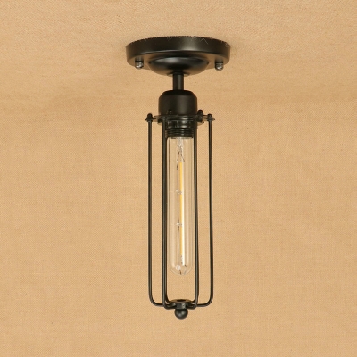Tube Bulb Semi Flush Mount Light with Wire Guard Industrial Metal Single Light Ceiling Fixture in Black