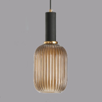 1 Head Bottle Lighting Fixture Contemporary Cognac Ribbed Glass Hanging Lamp for Living Room
