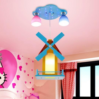 3 Lights Windmill Ceiling Lamp Hallway Kids Room Wooden Hanging Light in Chrome
