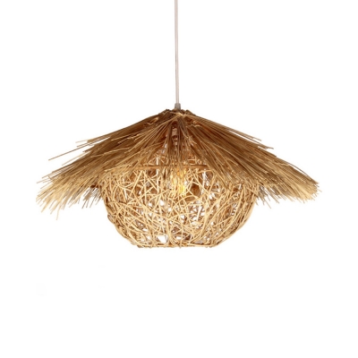 Asian Style Bowl Shade Suspension Rattan 1 Head Hanging Ceiling Lamp in Wood for Restaurant