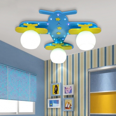 Blue Airplane Flush Mount with Globe Opal Glass Shade Triple Heads Ceiling Light for Youth