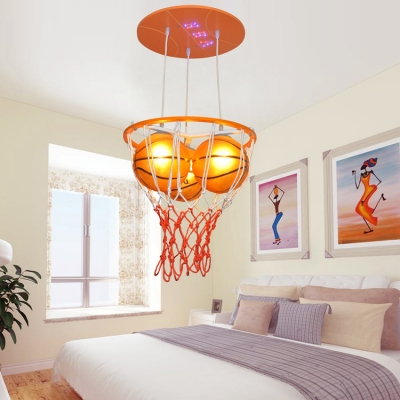 Glass Basketball Hanging Light Boys Room Height Adjustable 3 Heads Pendant Light in Blue/Orange