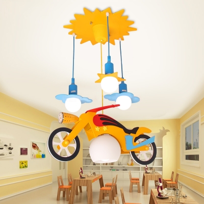 Motorcycle 4 Heads Pendant Lamp with Glass Shade Blue Suspension Light for Boys Room