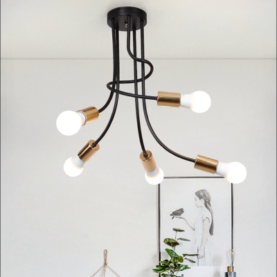 Open Bulb Suspension Lamp with Curved Arm Vintage Industrial Iron 5 Bulbs Hanging Light in Gold