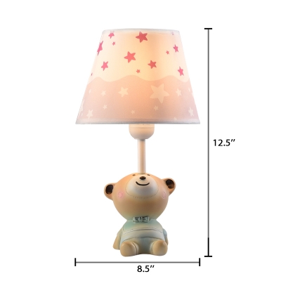 Pink Fabric Shade Table Lamp with Cute Bear Decoration Single Head Standing Desk Light for Girls Room