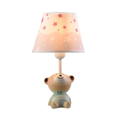 Pink Fabric Shade Table Lamp with Cute Bear Decoration Single Head Standing Desk Light for Girls Room