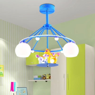 Sphere 3 Lights Semi Flush Mount with Cartoon Horse Nursing Room White Glass Shade Lighting Fixture