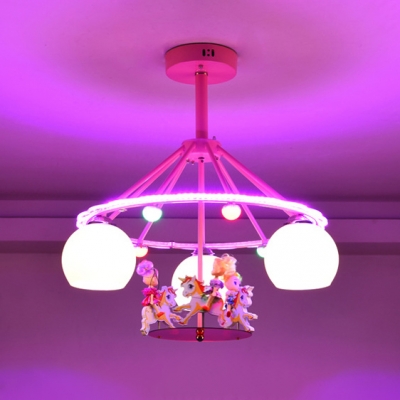 Sphere 3 Lights Semi Flush Mount with Cartoon Horse Nursing Room White Glass Shade Lighting Fixture