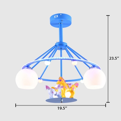 Sphere 3 Lights Semi Flush Mount with Cartoon Horse Nursing Room White Glass Shade Lighting Fixture