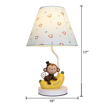 Tapered 1 Head Standing Table Light with Monkey Blue Fabric Shade Table Lamp for Kindergarten