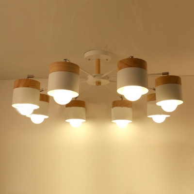 Wooden Branch Hanging Chandelier with White Shade Nordic Style 8 Lights Indoor Lighting Fixture