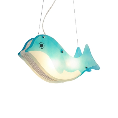 2 Lights Blue Dolphin Pendant Lamp Cartoon Style Boys Girls Bedroom Acrylic Hanging Lamp