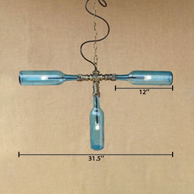 3 Heads T Shape Suspension Light with Bottle Industrial Amber/Blue/Clear/Smoke Glass Hanging Light