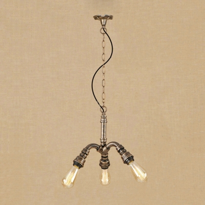 3 Lights Bare Bulb Chandelier Lamp Vintage Metal Suspension Light in Antique Bronze for Hallway